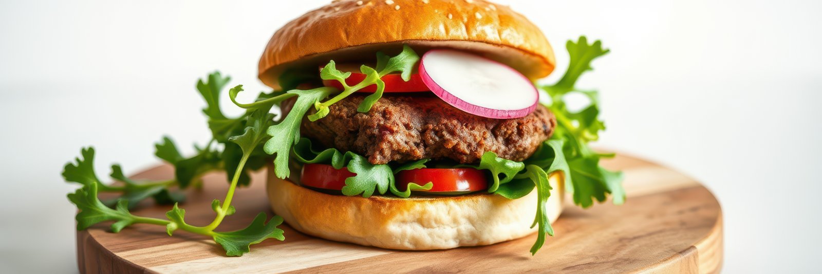 Freshly prepared hamburger stacked with lettuce, tomato, and radish on a wooden serving board